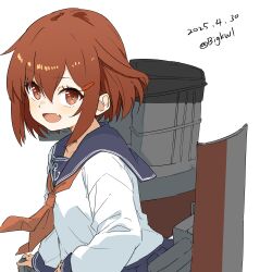 1girl absurdres anchor_symbol bigkwl black_sailor_collar brown_eyes brown_hair dated fang hair_between_eyes hair_ornament hairclip highres ikazuchi_(kancolle) kantai_collection long_sleeves neckerchief open_mouth red_neckerchief rigging sailor_collar school_uniform serafuku short_hair smokestack solo white_background