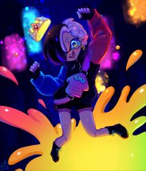 1girl absurdres androgynous arm_up black_gloves black_hair black_shoes black_shorts chromashift clenched_hands commentary crown earrings english_commentary eyelashes fingerless_gloves full_body glint gloves hair_over_one_eye highres hood hood_down hoodie inkling jewelry long_sleeves lucinda_grey midair multicolored_hair nintendo open_mouth pointy_ears purple_hair rin_penrose shoes short_hair short_shorts shorts smile solo splatoon_(series) splatter teeth two-tone_hair unworn_crown upper_teeth_only virtual_youtuber