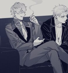 2boys adam&#039;s_apple aohitsugi_samatoki barbell_piercing ben-day_dots cigarette closed_eyes collarbone collared_shirt contrast_collar couch crossed_legs ear_piercing earrings facing_another feet_out_of_frame fingernails formal_clothes from_side furrowed_brow gradient_hair grey_background grin hair_between_eyes hair_slicked_back hand_on_own_elbow hand_up highres holding holding_cigarette hypnosis_mic industrial_piercing jacket jewelry leaning_forward leather leather_jacket long_sleeves looking_ahead loose_hair_strand male_focus monochrome mouth_hold multicolored_hair multiple_boys multiple_piercings necklace necktie nurude_sasara open_clothes open_jacket open_mouth parted_lips piercing plaid_clothes plaid_shirt profile raised_eyebrows screentones shirt short_hair simple_background sitting smile smoke smoking suit urata_(kogasitata) v-shaped_eyebrows wispy_bangs