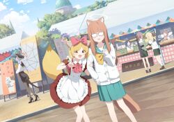 6+girls animal_ear_fluff animal_ears apron assault_rifle bag black_hat black_pantyhose black_shoes black_skirt blonde_hair blue_archive blue_hair blue_sailor_collar blue_skirt blunt_bangs blush bow brown_hair brown_shoes demon_girl demon_tail demon_wings dress food fox_ears fox_girl fox_tail glasses green_sailor_collar green_shirt green_skirt gun halo haruna_(blue_archive) hat high_heels highres holding holding_another&#039;s_arm holding_bag holding_food holding_gun holding_weapon long_hair maid maid_apron multiple_girls no_eyes non-web_source official_art open_mouth pantyhose paper_bag peaked_cap pink_halo ponytail purple_shoes red_bow red_dress red_hair red_halo rifle sailor_collar shirt shoes short_hair sidelocks single_wing skirt tail v weapon white_apron white_hair white_halo white_sailor_collar white_shirt wings yellow_bow yellow_eyes yellow_halo
