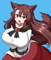 1girl animal_ears blue_background blush breasts brown_hair darkwrath fang hair_between_eyes highres huge_breasts imaizumi_kagerou long_hair long_sleeves looking_at_viewer open_mouth own_hands_together red_eyes red_skirt shirt skirt solo sweatdrop tail touhou white_shirt wolf_ears wolf_girl wolf_tail