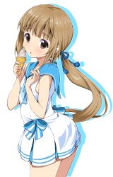 1girl bare_shoulders blue_bow blue_neckerchief blue_sailor_collar blunt_bangs blush bow brown_eyes brown_hair colored_shadow cowboy_shot dot_nose dress dress_bow from_side hair_bow hands_up highres holding holding_ice_cream_cone ice_cream_cone idolmaster idolmaster_cinderella_girls idolmaster_cinderella_girls_starlight_stage long_hair looking_at_viewer michii_yuuki miniskirt neckerchief parted_lips ponytail sailor_collar shadow simple_background skirt sleeveless sleeveless_dress solo very_long_hair white_background white_dress yorita_yoshino