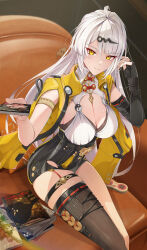 1girl absurdres armlet bird black_bird black_gloves black_shorts black_thighhighs book breasts cleavage closed_mouth collar commentary elbow_gloves feet_out_of_frame fingerless_gloves gloves hair_ornament hand_up hands_up high-waist_shorts highres holding holding_book jacket jewelry large_breasts long_hair looking_at_viewer mole mole_on_breast ooo_wange shirt shorts single_elbow_glove single_fingerless_glove single_thighhigh sitting skindentation smile solo thigh_strap thighhighs thighs very_long_hair white_collar white_hair white_shirt yellow_eyes yellow_jacket yixuan_(zenless_zone_zero) zenless_zone_zero