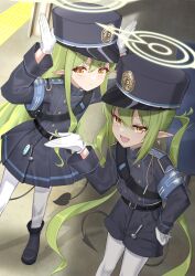 Rule 34 | 2girls, absurdres, arms up, belt, black belt, black boots, blue archive, blue hat, blue shirt, blue shorts, boots, commentary request, demon tail, edgar00, frown, garrison cap, gloves, green hair, green halo, halo, hand on own hip, hat, highres, hikari (blue archive), long hair, long sleeves, looking at viewer, multiple girls, nozomi (blue archive), open mouth, pantyhose, pointy ears, shirt, shorts, smile, standing, tail, twintails, very long hair, white gloves, white pantyhose, yellow eyes