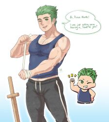 1boy abs artist_logo bandages bara black_pants blue_shirt blue_tank_top bowandyarrows bulge commentary draug_(fire_emblem) english_commentary english_text fire_emblem fire_emblem:_mystery_of_the_emblem fire_emblem:_new_mystery_of_the_emblem green_eyes green_hair highres logo looking_at_viewer male_focus muscular muscular_male nintendo one_eye_closed open_mouth pants pectorals planted planted_sword planted_weapon reference_inset shirt sleeveless sleeveless_shirt smile sparkle speech_bubble sweat sweatpants sword tank_top weapon wooden_sword