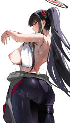 1girl absurdres black_bodysuit black_hair blue_archive blush bodysuit from_behind highres holding holding_towel looking_at_viewer nipples no_bra official_alternate_costume official_alternate_hairstyle parted_lips partially_undressed ponytail rio_(blue_archive) rio_(bodysuit)_(blue_archive) shiro_marimo sidelocks solo sports_bra sweat towel wiping_sweat