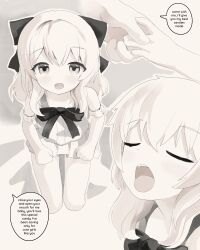 Rule 34 | 1girl, armband, bow, commentary, crumbles, dress, english commentary, english text, frilled armband, frills, greyscale, hair bow, hand grab, highres, kneeling, monochrome, multiple views, open mouth, original, short dress, sidelocks, sleeveless, sleeveless dress, speech bubble, teeth, upper teeth only