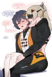 2girls absurdres belle_(delicate_sunlight)_(zenless_zone_zero) belle_(zenless_zone_zero) between_legs black_pants black_shirt blindfold blonde_hair blue_hair blush english_text flying_sweatdrops hair_ornament heart highres letter_hair_ornament long_hair multiple_girls oddsnail open_mouth pants ponytail shirt short_hair speech_bubble trigger_(zenless_zone_zero) yuri zenless_zone_zero