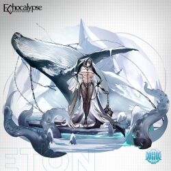 1girl animal_ears artist_request black_pantyhose bracelet breasts cape chain character_name choker covered_erect_nipples droopy_ears echocalypse eton_(echocalypse) gloves grey_hair holding_flail huge_breasts iceberg jewelry large_breasts looking_at_viewer official_art pantyhose promotional_art shoes spiked_bracelet spikes standing tentacles topless_female whale white_cape white_gloves white_shoes white_sleeves