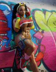 1girl 3d abs absurdres against_wall areola_slip batesz black_hair blue_hair braid breasts brown_eyes candy crop_top dark-skinned_female dark_skin fingerless_gloves food gloves headphones highres kimberly_jackson large_breasts leaning leg_up lollipop long_hair multicolored_hair non-web_source shoes solo street_fighter street_fighter_6 thong two-tone_hair