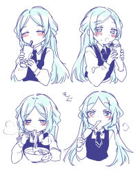 1girl ayumaru_(art_of_life) blue_hair bowl chopsticks closed_eyes collared_shirt commentary crepe cropped_torso drinking drinking_straw drinking_straw_in_mouth eating food hands_up highres holding holding_chopsticks holding_crepe holding_food kirimine_middle_school_uniform long_hair looking_at_viewer magia_record:_mahou_shoujo_madoka_magica_gaiden mahou_shoujo_madoka_magica multiple_views open_mouth parted_bangs partially_colored school_uniform shirt simple_background smile toki_sunao translation_request upper_body white_background