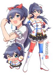 1girl :d ;d absurdres antenna_hair black_hair black_skirt blue_choker blue_eyes blue_thighhighs blush blush_stickers boots chain character_name chibi chibi_inset choker double-parted_bangs earrings eyelashes fang feather_earrings feathers flower frilled_skirt frilled_sleeves frills full_body ganaha_hibiki gold_trim hair_flower hair_ornament hair_ribbon hand_on_own_arm hand_on_own_hip high_ponytail highres idolmaster idolmaster_(classic) idolmaster_million_live! idolmaster_million_live!_theater_days jewelry long_hair long_sleeves looking_at_viewer mismatched_thighhighs multicolored_choker multiple_views ngetyan no_sclera official_alternate_costume one_eye_closed open_mouth ponytail red_choker red_ribbon red_thighhighs ribbon shirt short_sleeves signature single_earring skirt smile sparkle sparkle_print starpiece_memories_(idolmaster) thighhighs upper_body v-shaped_eyebrows white_background white_boots white_shirt