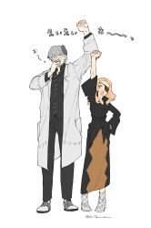 1boy 1girl ankle_boots arm_up black_pants black_shirt black_skirt blonde_hair boots cigarette coat covering_own_mouth eyepatch franken_stein_(soul_eater) glasses green_eyes grey_hair hair_over_one_eye height_difference highres hissiu holding holding_cigarette lab_coat long_hair long_skirt long_sleeves looking_at_viewer marie_mjolnir one_eye_covered open_mouth pants shirt shoes short_hair simple_background skirt soul_eater standing stitched_face stitches white_background white_boots white_coat yellow_eyes