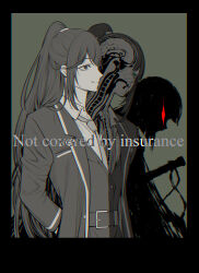 1boy 1girl anatomy arms_behind_back belt bisected blue_eyes brain closed_mouth coat collared_shirt cross-section english_text exposed_brain eyed_silhouette grey_background grey_eyes guro heterochromia highres hong_lu_(project_moon) limbus_company long_hair long_sleeves lungs maki_maki_(makimakipoipoi) monochrome necktie organs partially_colored ponytail project_moon ryoshu_(project_moon) sagittal_plane_cutting shirt silhouette simple_background smile spine vest
