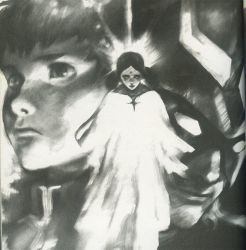 1girl 2boys amuro_ray bindi char_aznable dress gundam lalah_sune mask mobile_suit_gundam monochrome multiple_boys terada_katsuya