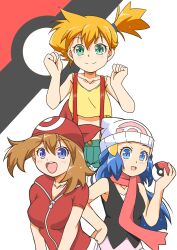 3girls :d asymmetrical_hair bandana bare_arms beanie black_shirt blue_eyes blue_hair blush breasts brown_hair crop_top dawn_(pokemon) eyelashes green_eyes hair_ornament hand_on_own_hip hat highres holding holding_poke_ball long_hair looking_at_viewer may_(pokemon) midriff misty_(pokemon) multiple_girls navel nintendo open_mouth orange_hair pink_skirt poke_ball poke_ball_print poke_ball_theme pokemon pokemon_(anime) pokemon_(classic_anime) pokemon_rgby ponytail red_bandana red_scarf red_shirt scarf shirt short_hair short_shorts short_sleeves shorts side_ponytail skirt sleeveless sleeveless_shirt small_breasts smile suspenders tank_top yellow_shirt yellow_tank_top yoshimi_mizunoe