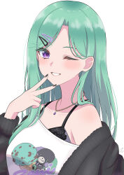 1girl absurdres black_cardigan black_nails blush cardigan green_hair grin hair_ornament hairclip highres inumugi jewelry long_hair looking_at_viewer necklace off_shoulder one_eye_closed purple_eyes shirt simple_background smile solo t-shirt v virtual_youtuber vspo! white_background yakumo_beni yakumo_beni_(5th_costume)