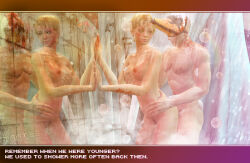 1boy 1girl 3d abs absurdres alex_(hotline_miami_2) ash_(hotline_miami_2) blonde_hair breasts bubble faceless faceless_male female_focus from_behind grabbing_another&#039;s_breast green_eyes groping hetero highres hotline_miami hotline_miami_2 incest mask masked medium_breasts nude secret sex sex_from_behind shower shower_sex showering tagme water welectric