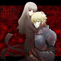 10s 1boy 1girl angra_mainyu angra_mainyu_(fate) armor artoria_pendragon_(fate) blonde_hair corruption cosplay dark_persona dark_sakura dark_sakura_(cosplay) dress fate/extra fate/stay_night fate/zero fate_(series) gawain_(fate) kishinami_hakuno_(female) kmiru_(yuka) long_hair matou_sakura possessed possession red_eyes saber_(fate) saber_alter saber_alter_(cosplay) saber_alter_(second_ascension) striped vertical_stripes white_hair yellow_eyes