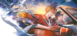2boys absurdres bird blonde_hair bottle car car_interior collared_shirt convertible eyewear_on_head flower fushimi_gaku grey_shirt hashtag-only_commentary highres holding holding_bottle jewelry kenmochi_touya magatama magatama_necklace male_focus motor_vehicle multiple_boys necklace necktie nijisanji open_clothes open_mouth open_shirt orange-tinted_eyewear outdoors purple_hair red_necktie red_shirt shirt sun sunglasses tinted_eyewear tsuta1218 virtual_youtuber white_shirt yellow_eyes