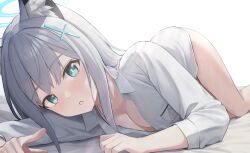 1girl abydos_high_school_logo animal_ear_fluff animal_ears arm_support backlighting blue_archive blue_eyes blue_halo blush breasts bright_pupils cleavage collared_shirt commentary feet_out_of_frame foreshortening grey_hair hair_between_eyes halo highres id_card index_finger_raised long_sleeves looking_at_viewer medium_breasts medium_hair mismatched_pupils naked_shirt onafuku open_clothes open_shirt parted_lips pointing pointing_at_viewer pov shiroko_(blue_archive) shirt sidelocks simple_background solo straight_hair top-down_bottom-up white_background white_pupils white_shirt wolf_ears wolf_girl