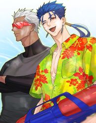 2boys archer_(fate) blue_hair ccinnamonka cu_chulainn_(fate) cu_chulainn_(fate/stay_night) dark-skinned_male dark_skin earrings fang fate/stay_night fate_(series) hair_slicked_back hawaiian_shirt highres jewelry male_focus multiple_boys one_eye_closed open_mouth red_eyes shirt short_hair smile sunglasses upper_body water_gun white_hair