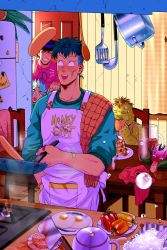 Rule 34 | 4boys, absurdres, apron, bell pepper, black hair, blue hair, breakfast, casual, cooking, diamond wa kudakenai, eating, egg, facial mark, food, frying pan, grey hair, hair down, higashikata josuke, highres, hirose koichi, jojo no kimyou na bouken, male focus, messy hair, monster, multicolored hair, multiple boys, nijimura&#039;s father, nijimura okuyasu, pancake, pompadour, tariah furlow, two-tone hair