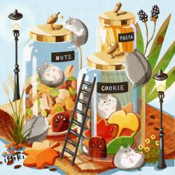 :3 acorn animal animal_focus artist_name blue_background bottle cheese closed_mouth cookie english_text flower food food_focus hamster hourglass issiki_toaki jar ladder lamp lamppost leaf light_bulb no_humans original simple_background smile sparkle star_(symbol) twitter_username watermark whiskers yellow_flower