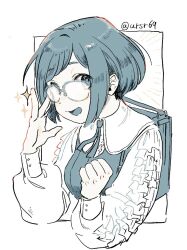 1girl :d adjusting_eyewear backpack bag blue_eyes blue_hair blue_theme collared_shirt commentary frilled_shirt frills fukurai_azami glasses hand_on_eyewear hands_up long_sleeves looking_at_viewer matsushiro_(yutakatanbo) monochrome open_mouth partially_colored shirt short_hair simple_background smile solo sparkle symbol-only_commentary toshi_densetsu_kaitai_center twitter_username upper_body white_background