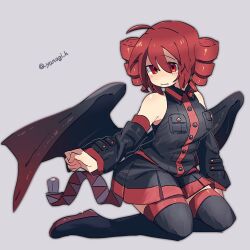 1girl adapted_costume ahoge bare_shoulders bat_wings black_shirt black_skirt black_sleeves black_thighhighs breast_pocket detached_sleeves drill_hair full_body grey_background hair_between_eyes highres kasane_teto kasane_teto_(utau) long_sleeves looking_at_viewer pleated_skirt pocket red_eyes red_hair red_trim shirt simple_background sitting skirt sleeveless sleeveless_shirt solo thighhighs twin_drills twitter_username utau wings yanagihae