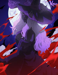 1girl artist_name bare_shoulders black_dress black_skin breasts cleavage colored_eyelashes colored_skin dark-skinned_female dark_skin dress elden_ring elden_ring_nightreign hat hat_over_eyes hat_over_one_eye highres huge_breasts koyorin large_breasts large_hat long_hair looking_at_viewer moon purple_hat purple_sleeves recluse_(elden_ring) solo very_dark_skin white_eyelashes white_hair witch witch_hat