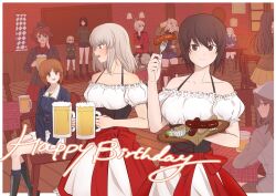 Rule 34 | 6+girls, :d, akaboshi koume, alcohol, anchovy (girls und panzer), anzio military uniform, apron, back, bar (place), barmaid, bavarian flag, bc freedom military uniform, beer, beer mug, black jacket, black shirt, blonde hair, blue eyes, blue shorts, blush, boots, bow, breasts, brown eyes, brown hair, chi-hatan military uniform, cleavage, closed eyes, cross, crossed arms, cup, darjeeling (girls und panzer), dessert, detached sleeves, dirndl, dress, drill hair, drinking, food, fork, frown, garrison cap, german clothes, germany, girls und panzer, green hair, grey hair, hair between eyes, hair bow, hair ribbon, hand on own arm, happy birthday, hat, head on arm, highres, holding, holding cup, holding food, holding fork, iron cross, itsumi erika, jacket, katyusha (girls und panzer), kay (girls und panzer), keizoku military uniform, kuromorimine military uniform, large breasts, long hair, looking at viewer, marie (girls und panzer), medium breasts, medium hair, mika (girls und panzer), miniskirt, mug, multiple girls, navel, nekounko, nishi kinuyo, nishizumi maho, nishizumi miho, nonna (girls und panzer), ooarai military uniform, open clothes, open jacket, open mouth, pleated skirt, pravda school uniform, red shirt, red star, ribbon, saunders military uniform, sausage, school uniform, shirt, short hair, short sleeves, shorts, sitting, skirt, smile, st. gloriana&#039;s military uniform, star (symbol), t-shirt, track jacket, track suit, tulip hat, twin drills, waitress, white skirt, yellow skirt