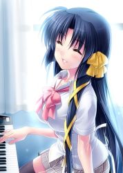 1girl black_hair closed_eyes dress_shirt female_focus hair_ribbon instrument kurugaya_yuiko little_busters! long_hair parted_lips piano plaid_clothes plaid_skirt ribbon school_uniform shirt skirt solo thighhighs zen
