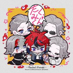 Rule 34 | 5boys, ahoge, animalization, aotsuki eito, armband, black gloves, black pants, black streaks, blood, blood from mouth, blood on face, blue eyes, blue jacket, border, chibi, chibi only, chinese commentary, english text, eyeliner, gakuran, glasses, gloves, grey border, grey hair, hands on own head, highres, hood, hoodie, jacket, jacket over hoodie, last defense academy school uniform, makeup, male focus, mixed-language text, multicolored hair, multicolored jacket, multiple boys, multiple persona, official alternate hairstyle, outside border, pants, purple eyes, rabbit, red eyeliner, red hair, school uniform, short hair, simple background, smile, speech bubble, spoilers, streaked hair, sumino takumi, sunglasses, sweat, tankees, the hundred line -last defense academy-, two-tone jacket, white armband, white gloves, white jacket, yellow background, zombie
