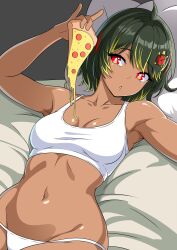 Rule 34 | 1girl, armpits, bra, breasts, commission, dark-skinned female, dark skin, food, green hair, groin, highres, holding, holding food, holding pizza, looking at object, lying, medium breasts, multicolored hair, navel, on back, on bed, open mouth, original, panties, pillow, pizza, red eyes, short hair, solo, stomach, streaked hair, symbol-shaped pupils, theoiledone, underwear, white bra, white panties
