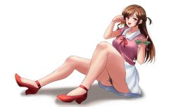 1boy 1girl black_panties brown_eyes brown_hair giant giantess high_heels highres kuroihassan long_hair open_mouth original panties simple_background sitting size_difference skirt underwear vore white_background white_skirt