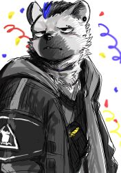 1boy arknights armband black_hair black_jacket confetti ear_piercing eyebrow_piercing furry furry_male grey_fur highres hood hood_down hooded_jacket hyena_boy hyena_ears infection_monitor_(arknights) jacket looking_up male_focus mimizuku_kemo multicolored_hair parted_lips piercing spot_(arknights) streaked_hair white_background