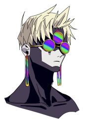 Rule 34 | 1boy, blonde hair, closed mouth, collarbone, colored skin, cropped torso, dandadan, earrings, enjoji jin, evil eye (dandadan), grey skin, highres, jewelry, male focus, portrait, possessed, short hair, solo, spiked hair, sunglasses, third eye, upper body, white background, ycy5nljkl410219