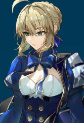 Rule 34 | 1girl, absurdres, ahoge, armor, artoria pendragon (fate), blonde hair, blue background, blue dress, braid, braided bun, breasts, cleavage, commentary, dress, english commentary, fate/stay night, fate (series), gold trim, green eyes, hair bun, highres, honkai: star rail, honkai (series), juliet sleeves, kanniiepan, long sleeves, medium breasts, medium hair, pauldrons, puffy sleeves, saber (fate), saber (honkai: star rail) (fate), shoulder armor, sidelocks, simple background, single pauldron, small breasts, solo, upper body