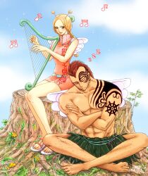 1boy 1girl antenna_hair arm_tattoo barefoot blonde_hair braid brown_eyes chest_tattoo conis_(one_piece) crossed_arms crossed_legs day dress earrings facial_tattoo grass_skirt harp high_collar instrument jewelry long_hair looking_at_viewer muscular muscular_male music musical_note one_piece outdoors pink_dress playing_instrument red_hair sandals shina_(ooo417ooo) shoulder_tattoo sitting sleeping smile tattoo tree_stump twin_braids white_wings wings wyper_(one_piece) zzz