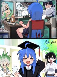 Rule 34 | 1boy, 3girls, :3, :d, = =, absurdres, ahoge, arato nagi, arm behind head, arm up, artist name, black hair, black robe, blue hair, blush, bongfill, bottle, breasts, chair, character request, closed eyes, commentary, computer keyboard, crossover, dr. stone, figure, green hair, hat, hataraku saibou, highres, izumi konata, large breasts, long hair, lucky star, mole, mole under eye, monitor, mortarboard, multicolored hair, multiple crossover, multiple girls, open mouth, robe, ruri no houseki, scroll, shirt, sitting, smile, symbol-only commentary, tassel, thumbs up, tissue box, two-tone hair, very long hair, vocaloid, white hair, white shirt