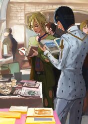 5boys black_hair blonde_hair blue_eyes blunt_bangs bob_cut book brown_eyes bruno_bucciarati clothing_cutout green_pants green_shirt hair_ornament hairclip highres holding holding_book indoors jacket jojo_no_kimyou_na_bouken looking_at_another looking_at_object male_focus medium_hair multiple_boys necktie pannacotta_fugo pants purple_necktie sara_(srsrmrmr) shirt short_hair standing vento_aureo watermark white_jacket white_pants zipper