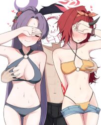 Rule 34 | 1boy, 2girls, absurdres, arm up, bikini, black bikini, black hair, blue archive, breasts, closed eyes, collarbone, commentary, covering face, cowboy shot, denim, denim shorts, doodle sensei (blue archive), dragon horns, forehead, grabbing another&#039;s breast, grabbing from behind, groping, halo, heart, hetero, highres, horns, large breasts, long hair, medium breasts, mintchoco (minchothudong), multiple girls, navel, nervous smile, o-ring, o-ring bikini, official alternate costume, open clothes, open shorts, paper on head, ponytail, purple hair, red hair, renge (blue archive), renge (swimsuit) (blue archive), sensei (blue archive), short shorts, shorts, single horn, smile, stomach, string bikini, sweat, swimsuit, topless male, very long hair, yellow bikini, yukari (blue archive), yukari (swimsuit) (blue archive)