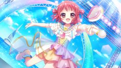 Rule 34 | 1girl, :d, arch, beret, blue corset, blue sky, boat, boots, brown eyes, cloud, corset, day, dot nose, dutch angle, film grain, frilled shirt, frills, game cg, gradient clothes, gradient skirt, hair rings, hat, head tilt, holding, holding microphone, horizon, idol, idol clothes, izumi tsubasu, layered skirt, looking at viewer, microphone, multicolored skirt, necktie, non-circular lens flare, non-web source, official art, open mouth, outdoors, outstretched arms, pink necktie, purple skirt, re:stage!, red hair, sailboat, see-through clothes, see-through skirt layer, shirt, short hair, short necktie, skirt, sky, smile, solo, sorano neon, sparkle, spread arms, stage, stage lights, standing, standing on one leg, sunlight, unworn headwear, watercraft, white boots, white hat, white shirt, white skirt, yellow skirt