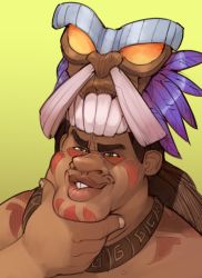 1boy brown_hair crash_bandicoot_(series) dark-skinned_male dark_skin facial_tattoo fat fat_man feathers green_background green_eyes grin half-closed_eyes hand_on_own_chin hand_up happy headpiece jewelry lips long_hair male_focus necklace papu_papu simple_background smile solo stroking_own_chin tattoo teeth thinking tribal upper_body wamudraws