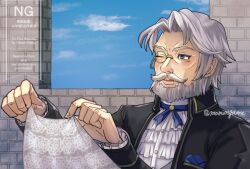 Rule 34 | 1boy, beard, blue eyes, cheekbones, facial hair, fire emblem, fire emblem engage, full beard, male focus, mature male, momongame 17, mustache, nintendo, old, old man, short hair, thick beard, vander (fire emblem)