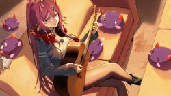 1girl acoustic_guitar akuma_nihmune black_boots black_jacket boots breasts couch crossed_legs demon_horns evening facial_mark from_above grey_pantyhose guitar hair_between_eyes headphones headphones_around_neck heart heart_facial_mark horns indie_virtual_youtuber instrument jacket large_breasts mamia.juki mark_under_eye music noomba_(akuma_nihmune) official_alternate_costume on_couch open_clothes open_jacket pantyhose playing_guitar playing_instrument purple_hair red_horns smile solo virtual_youtuber