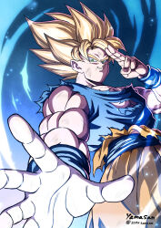 Rule 34 | 1boy, 2094banana, blonde hair, blue shirt, cowboy shot, dragon ball, dragonball z, green eyes, highres, male focus, medium hair, muscular, muscular male, orange pants, pants, salute, shirt, solo, son goku, spiked hair, super saiyan, super saiyan 1, torn clothes, torn shirt, twitter username, two-finger salute