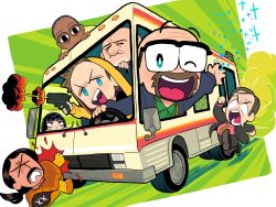 &gt;_&lt; 1girl 6+boys animification bald beard black_eyes black_facial_hair black_hair blue_eyes breaking_bad brown_hair character_request chibi dark-skinned_male dark_skin driving facial_hair firing gashi-gashi glasses grey_hair gun gustavo_fring halo handgun highres holding holding_gun holding_weapon hood hood_up jacket jesse_pinkman long_hair long_sleeves male_focus motor_vehicle motorhome multiple_boys necktie on_van one_eye_closed pants recreational_vehicle running saul_goodman shirt short_hair smile steering_wheel tan traditional_halo v-shaped_eyebrows van walter_white weapon