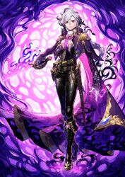 Rule 34 | 1boy, arm at side, ascot, belt, bishounen, black belt, black boots, black pants, boots, cape, closed mouth, crossed ankles, edmond dantes (fate), epaulettes, expressionless, fate/grand order, fate (series), fire, flaming sword, flaming weapon, full body, game cg, hand up, high collar, high heel boots, high heels, holding, holding sword, holding weapon, lace-up boots, legs together, long hair, long sleeves, looking at viewer, low ponytail, male focus, official art, pants, ponytail, purple background, purple cape, purple theme, red eyes, routo, smoke, solo, standing, sword, the count of monte cristo (fate), the count of monte cristo (second ascension) (fate), third-party source, unsheathed, variant set, weapon, white hair